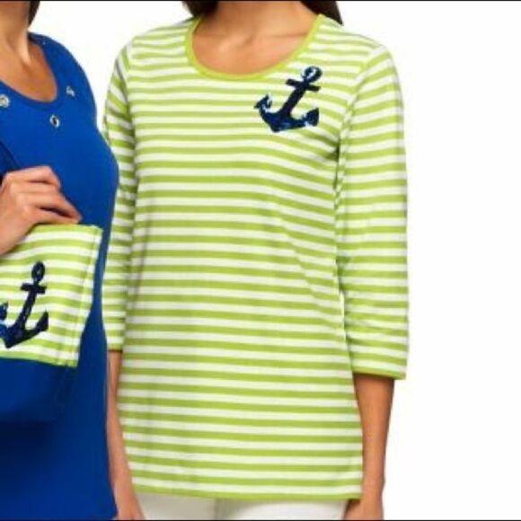 Quacker Factory Sz XS NWT Green Stripe Sequins Top - Picture 3 of 10